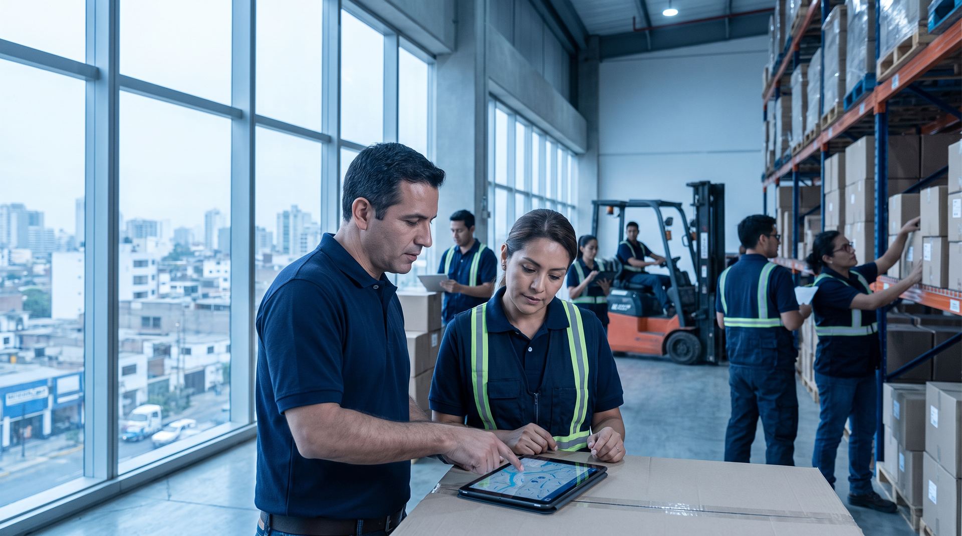 Equipo de Quiarsa revisando ruta de distribución en tablet dentro de almacén